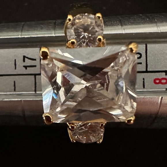 GET ENGAGED Emerald Cut Rectangular CZ 3 Stone Gold Ring Size 7 - Picture 3 of 8